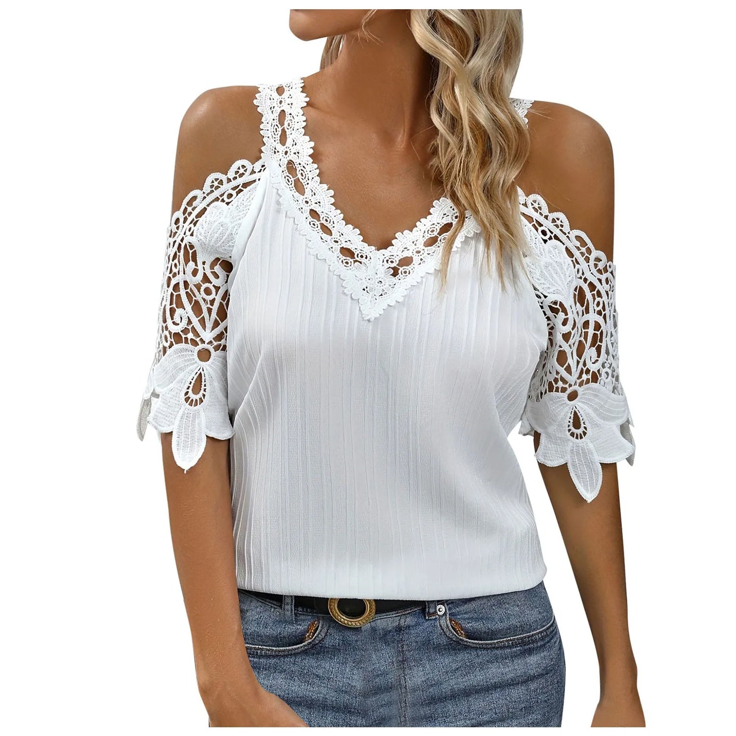 T Shirt for Women Trendy Women's Solid Color Sexy Lace Hollow Out Tops Embroidery Off Shoulder Slim Fit Shirts for Women