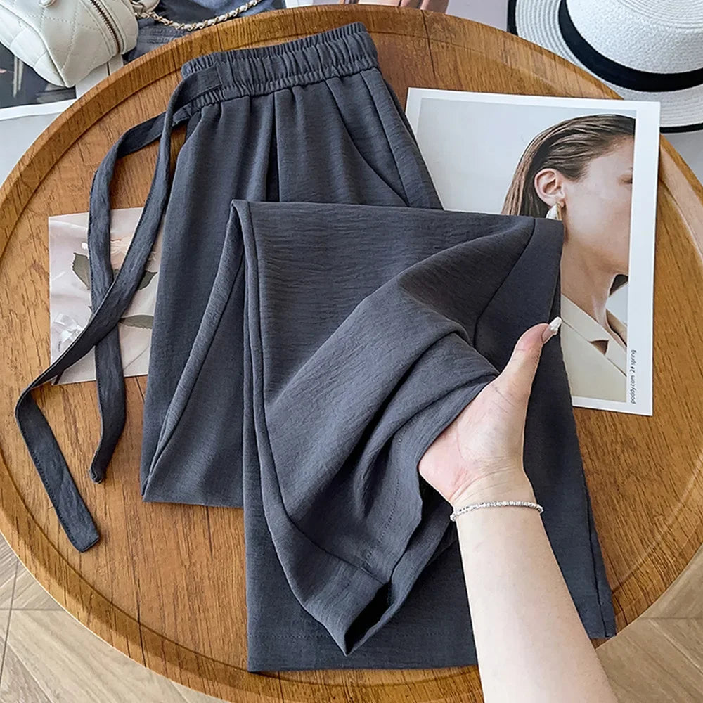 Ice Silk Wide Leg Pants Women's Loose Casual Thin Summer Trousers Small Size Draped Straight Leg Pants Female Fashion