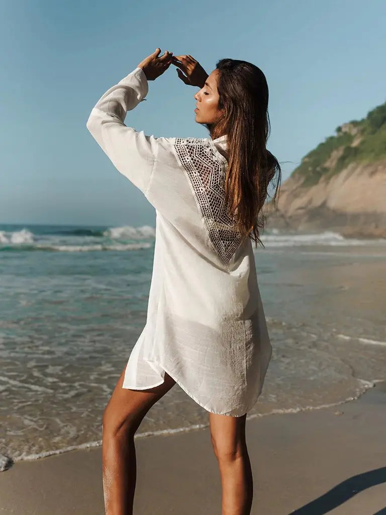 2024 Crochet White Knitted Beach Cover Up Dress Tunic Long Pareos Bikinis Cover Ups Swim Cover Up Robe Plage Beachwear