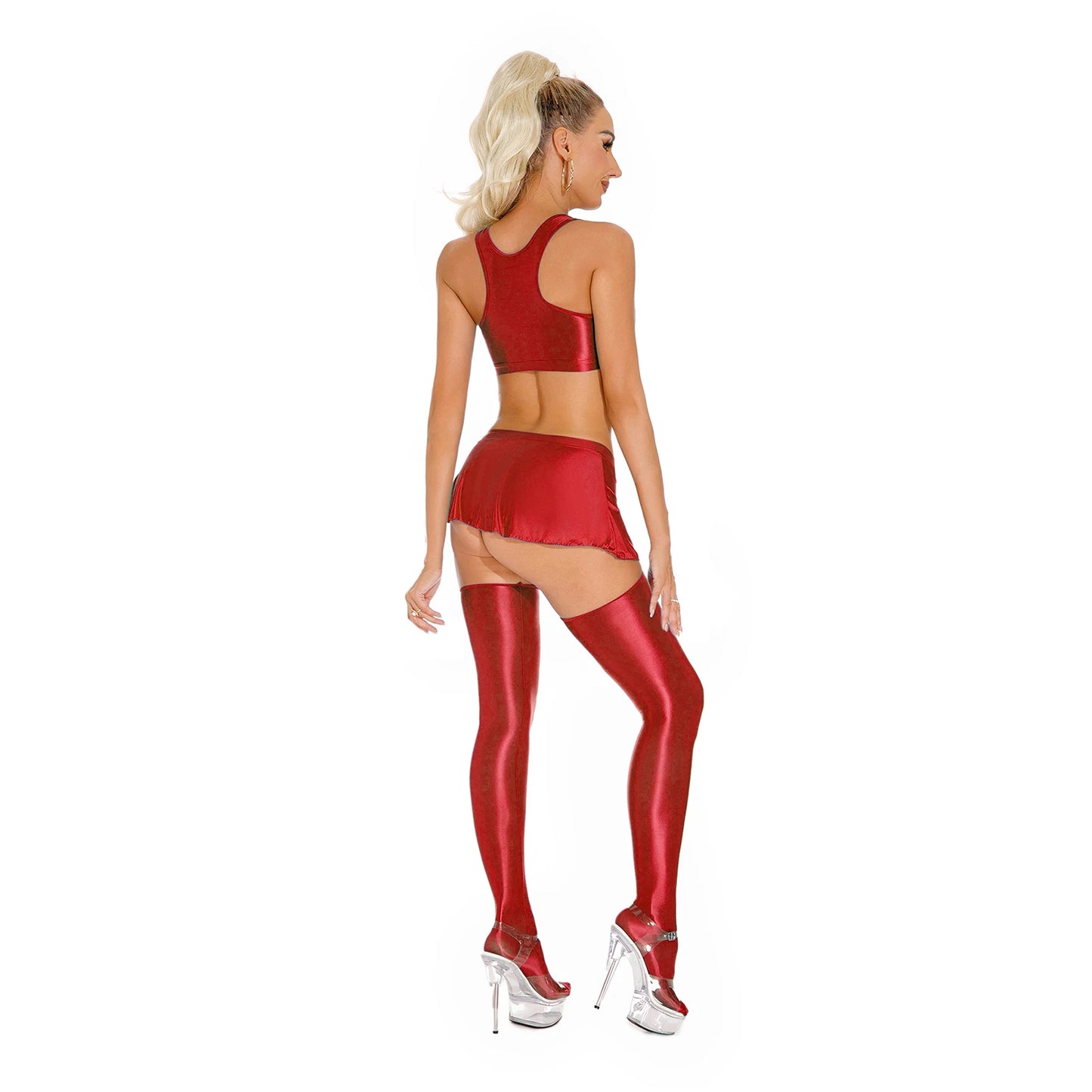 Womens Sexy Glossy Lingerie Set Oil Shiny Nightclub Outfit Crop Tank Tops with Mini Skirt Stockings Pole Dance Clubwear
