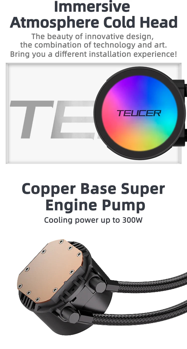 TEUCER AF S240 Water Cooled Cooling Radiator Colorful Lighting Water Cooling Head 12CM Fan For LGA 2011 17XX 1200 115X AM4 AM5