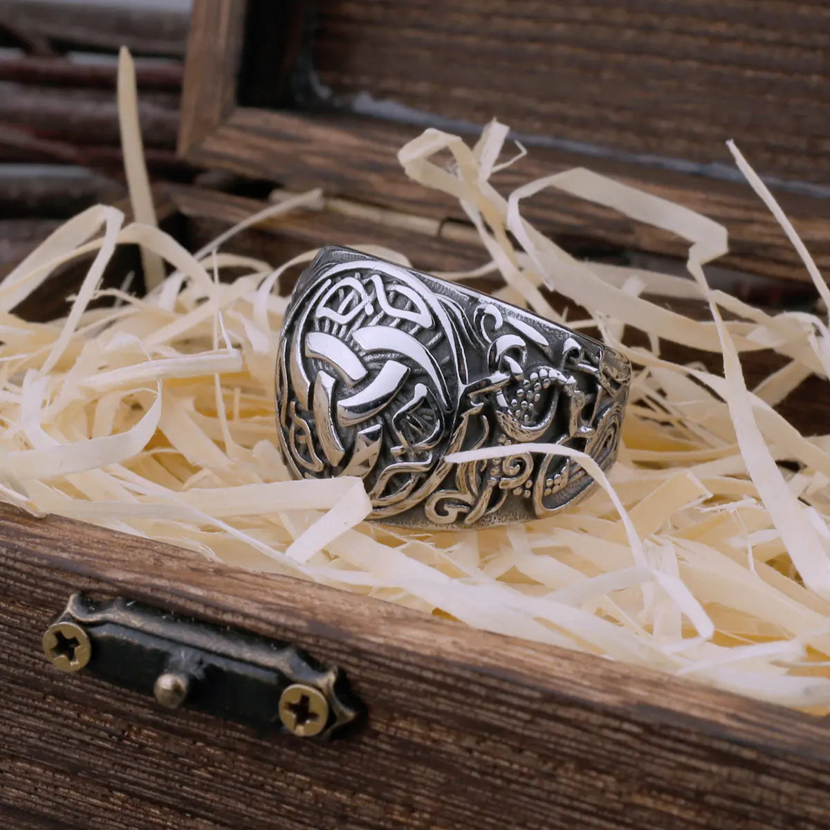 Viking Odin Warrior Rune Valknut Stainless Steel Ring Men's Creative Charm Locomotive Boyfriend Ring with Valknut Wooden Box