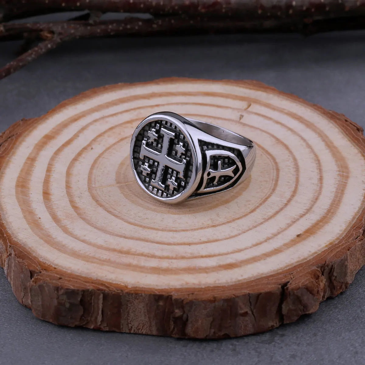 316L Stainless Steel Vintage Religious Jerusalem Cross Rings Men's Fashion Hip Hop Biker Rings Religious Jewelry Wooden Box