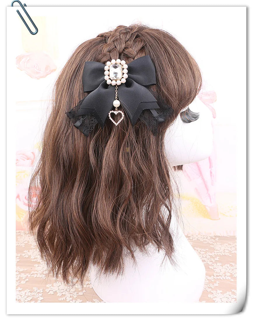 Japanese Sweet Cute Handmade Rhinestone Bow Hairpin Pearl Lace Hairclips Lolita Women Girls Side Clip Bag Pendant Handbag Charms