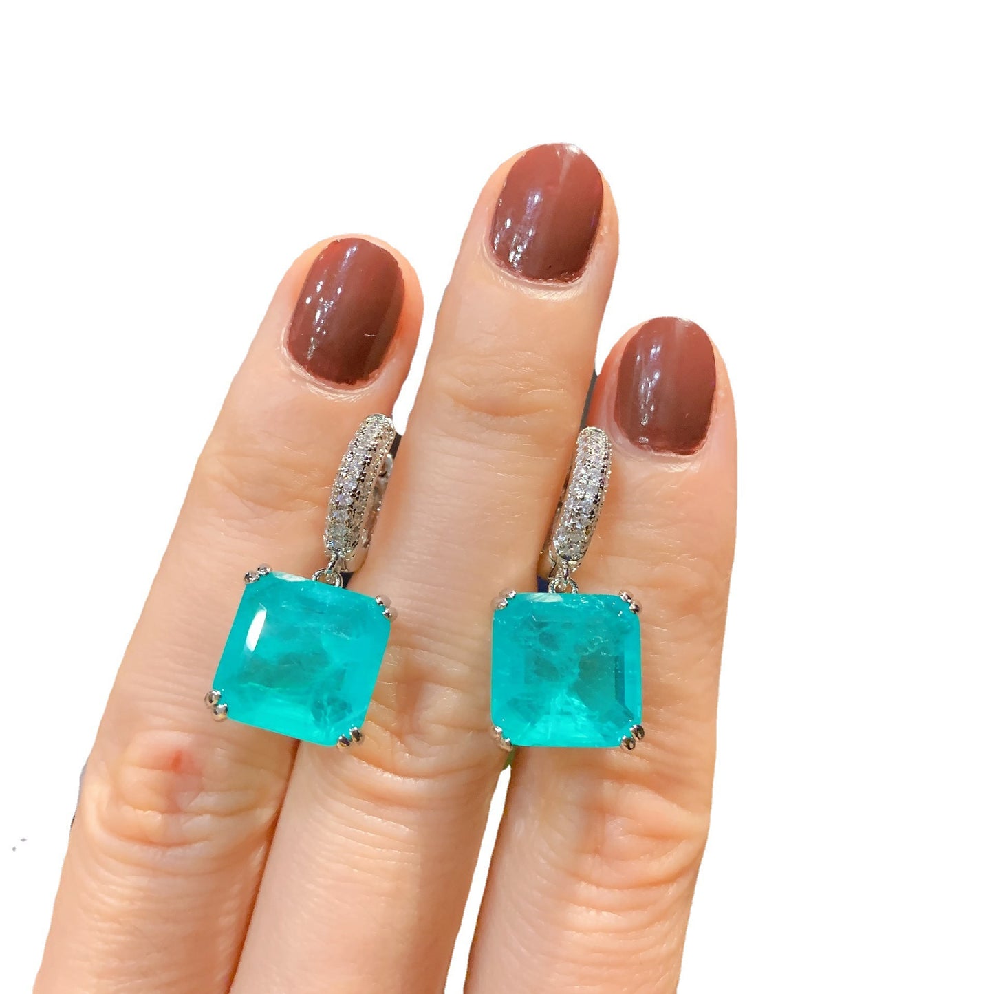 925 Silver Princess Cut Paraiba Tourmaline Lab Emerald Drop Earrings Women's Vintage Charm Wedding Party Dangler Luxury Jewelry