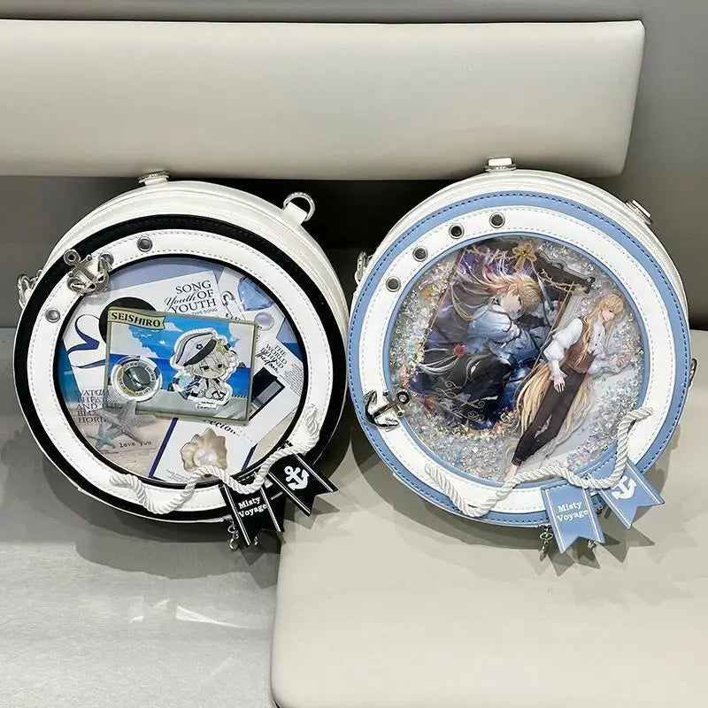 Y2K Cute Nautical Theme Ita Bag Kawaii Girl Transparent Shoulder Bag DIY Display Backpack Students Round Messenger Crossbody Bag