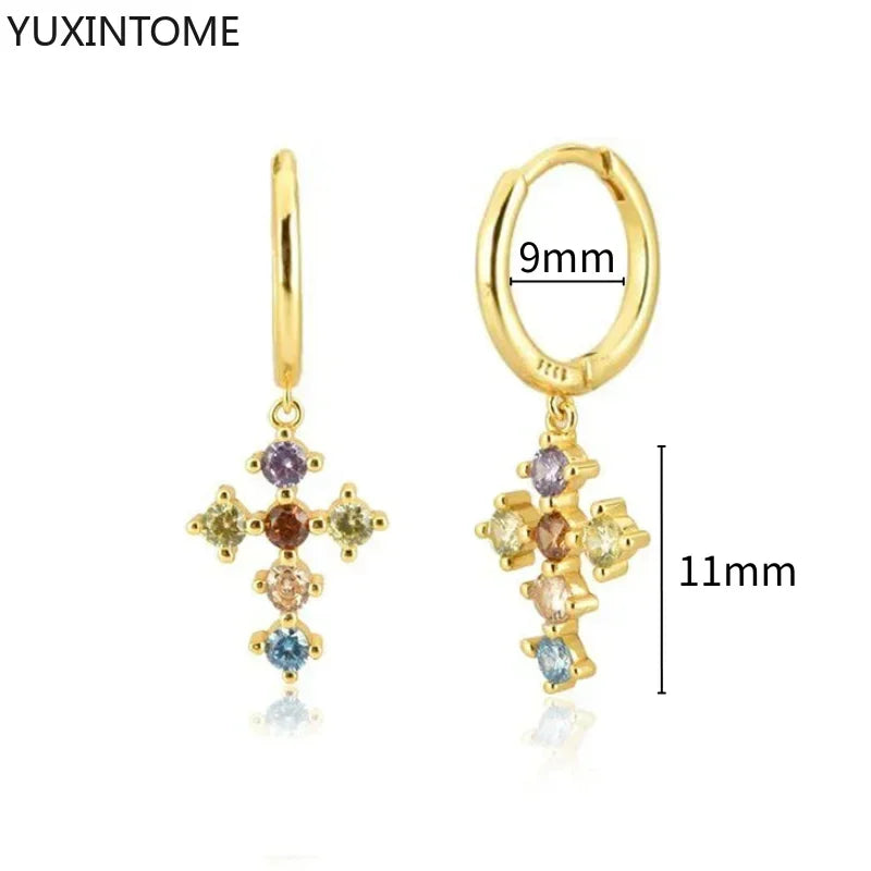 Colorful Crystal Earrings 925 Sterling Silver Ear Needle Stud Earrings for Women Cross Dangle Earrings Party Wedding Jewelry