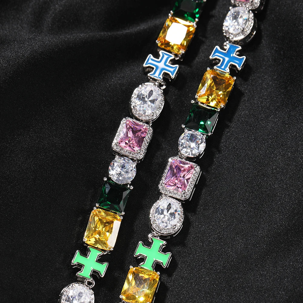 TBTK Colorful Gem Necklace Multi Color Oil Chain Iced Out 5A+ Colorful Cubic Zircon Luxury Bracelet Necklace Hiphop Jewelry