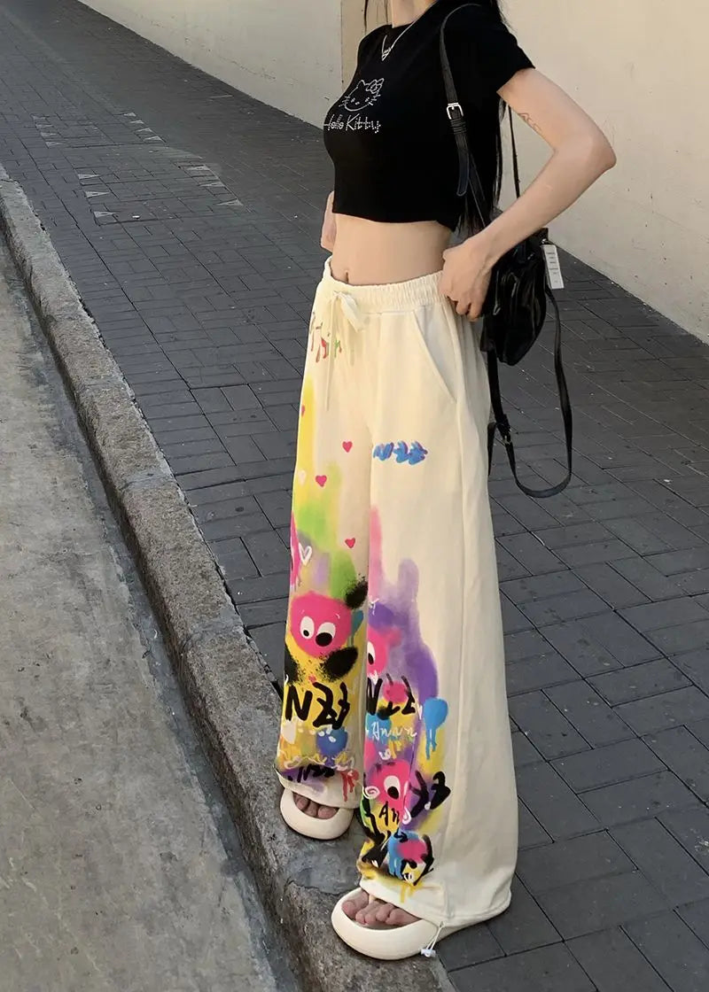 Kawaii Cute Dopamine Graffiti Casual Pants Women Tie Dye Summer Elastic High Waiste Drawstring Pockets Loose Wide Leg Trousers