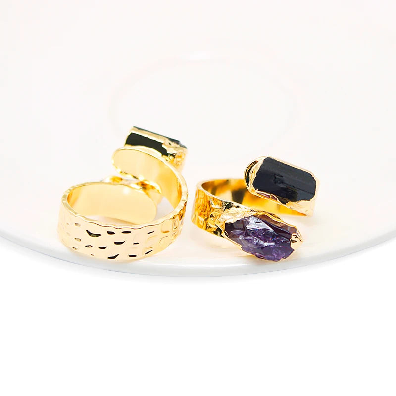 Amethyst with Black Tourmaline Open Ring for Women Girls Gold-color Irregular Rough Stone Finger Jewelry Resizable