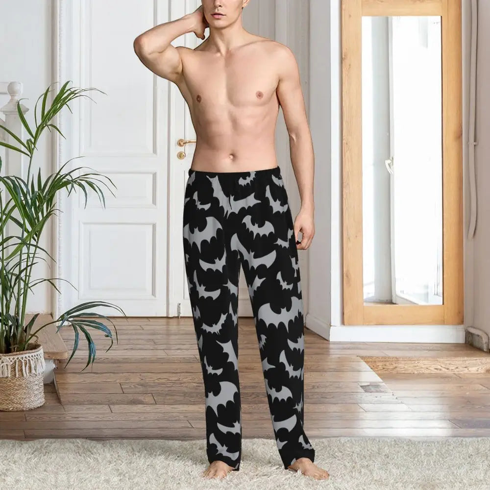 Custom Cute Spooky Halloween Bats Black And Purple Pajama Pants for Men Lounge Sleep Drawstring Sleepwear Bottoms with Pockets