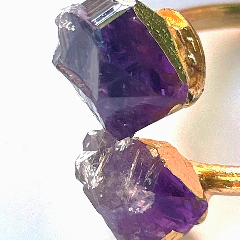 Irregular Amethyst Rough Stone Open Ring Golden Handmade Finger Jewelry Adjustable Size