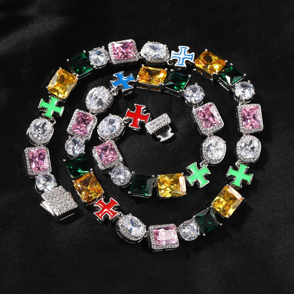 TBTK Colorful Gem Necklace Multi Color Oil Chain Iced Out 5A+ Colorful Cubic Zircon Luxury Bracelet Necklace Hiphop Jewelry