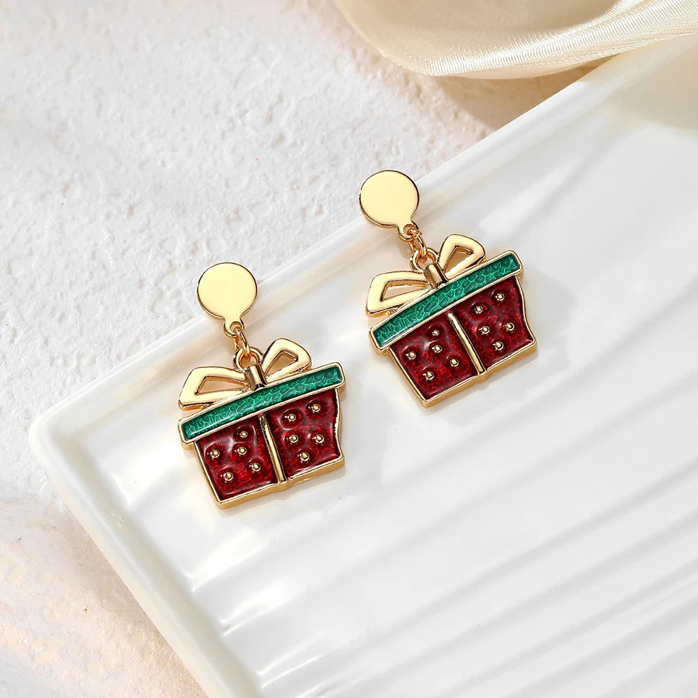 Christmas Gift Santa Claus Christmas Tree Necklace Cute Elastic Bracelet Stainless Steel Ear Pin Alloy Drop Glaze Earring Set