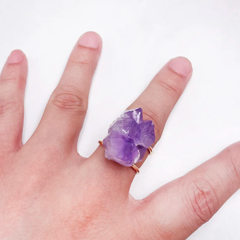 Irregular Raw Amethyst Open Ring for Women Girls Purple Crystal Gemstones Finger Jewelry Resizable
