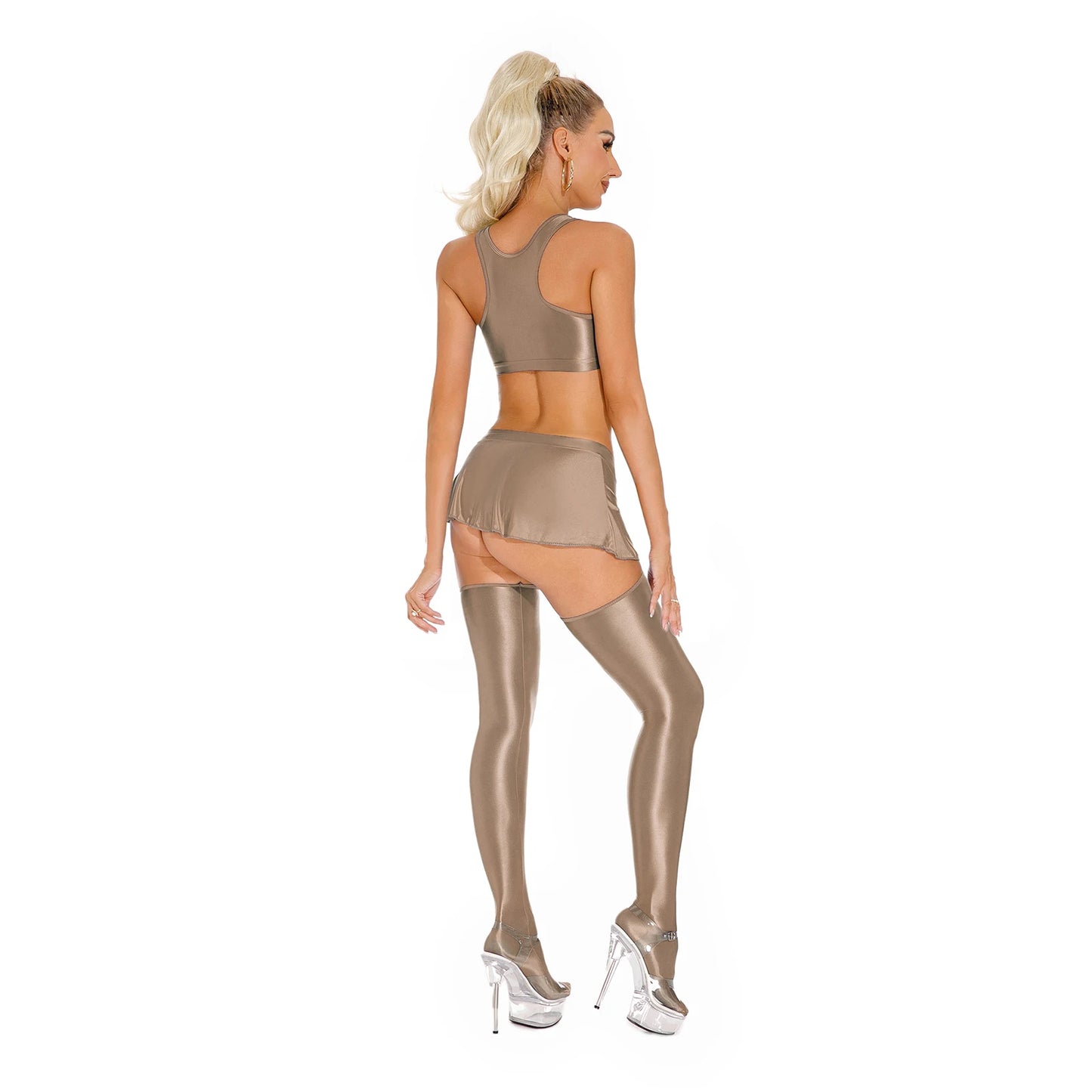 Womens Sexy Glossy Lingerie Set Oil Shiny Nightclub Outfit Crop Tank Tops with Mini Skirt Stockings Pole Dance Clubwear