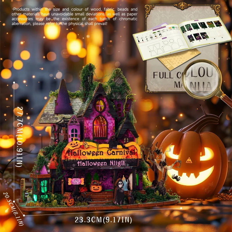 Retro DIY Wooden Halloween Night House Figurines Miniatures Kits With LED Lights Home Desk Decoration For Adult Handmade Gifts