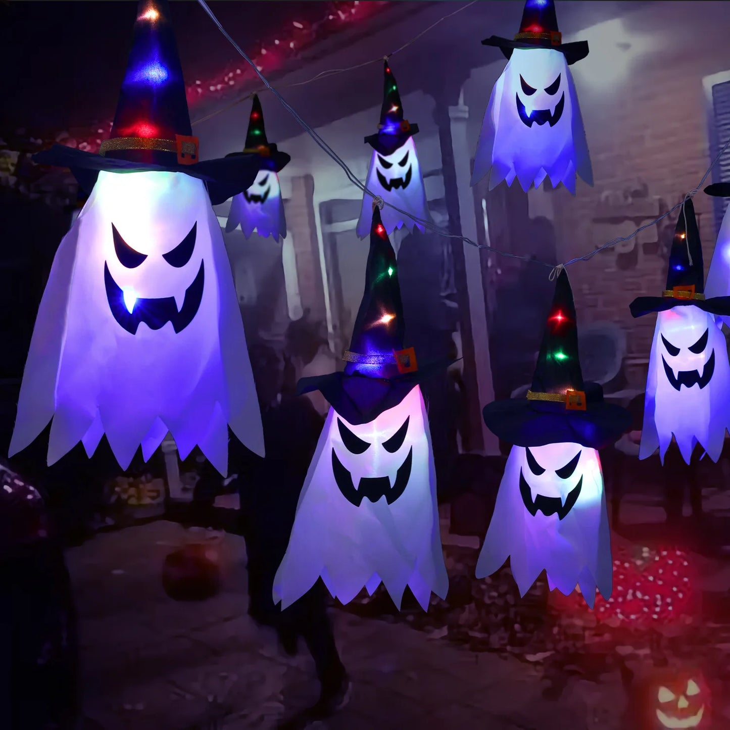 Halloween Courtyard Decorations LED Flashing Wizard Hat Lights Hanging Ghost Halloween Party Decorations Home Bars Horror Props