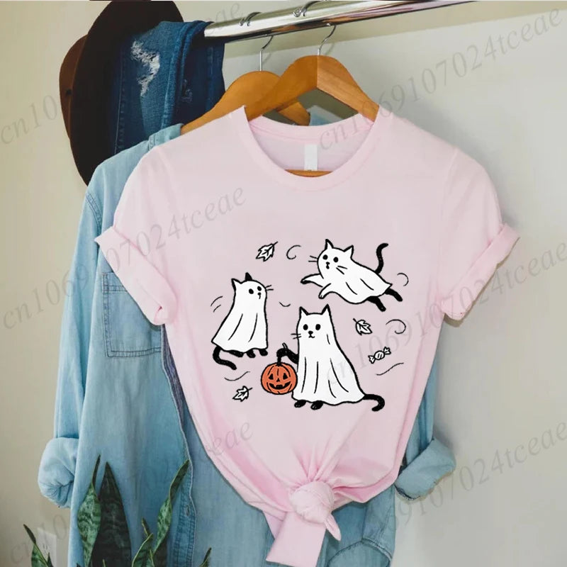New Fashion Ghost Cat T-Shirt Tops Womens Vintage T-Shirt Funny Spooky Halloween Classic T-Shirt Tops Women's Tees Streetwear