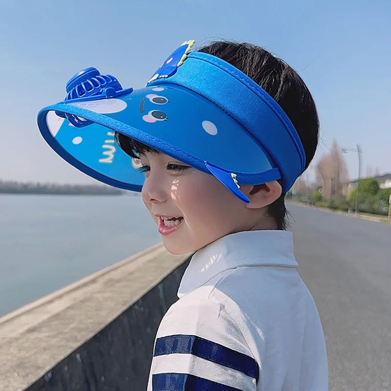 Children's Summer Sun Hat with Fan Sun Protection Hat Cartoon Outdoor Sun Protection Hollow brim Open Top Sun Protection Hat