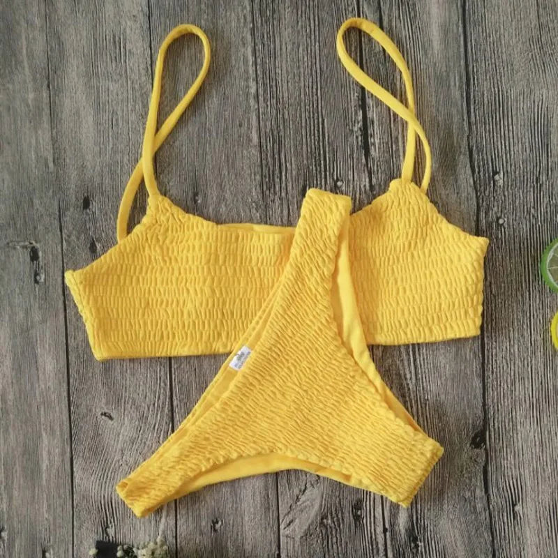 Sexy Triangle Bathing Suit for Women Vintage Pleated Suspender Push Up Bikini Summer 2025 New Simple Solid Swimwear Bikinis Sets