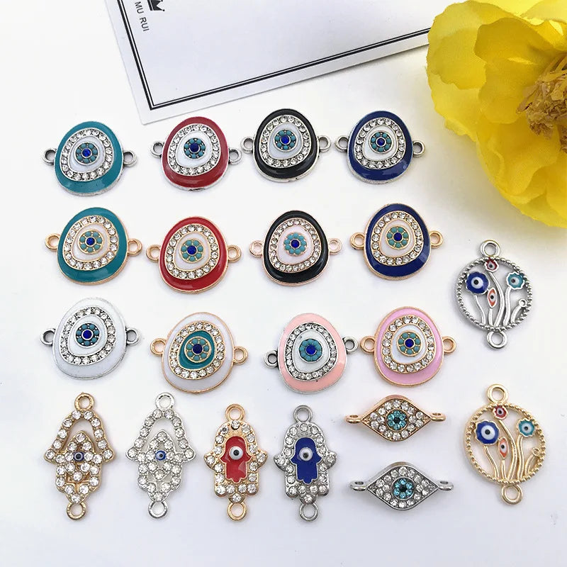 KC 2 Holes Connector Rhinestone Evil Eye Charm For Jewelry Making DIY Bracelet Necklace Bangle Accessories Supplies Wholesale