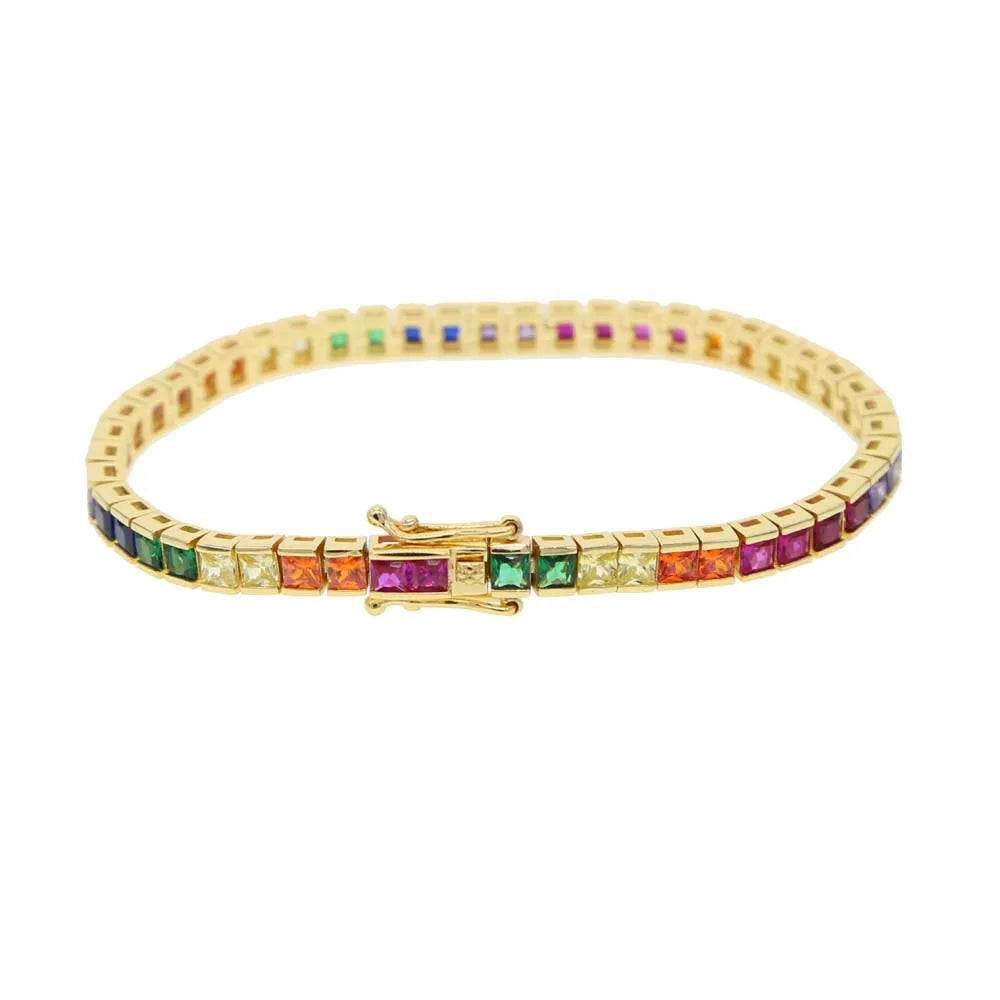 2025 High Quality Crystal Rainbow Geometry Bracelet Bangle For Women Paved Clear AAA Cz Luxury Gold Color Party Jewelry Gift