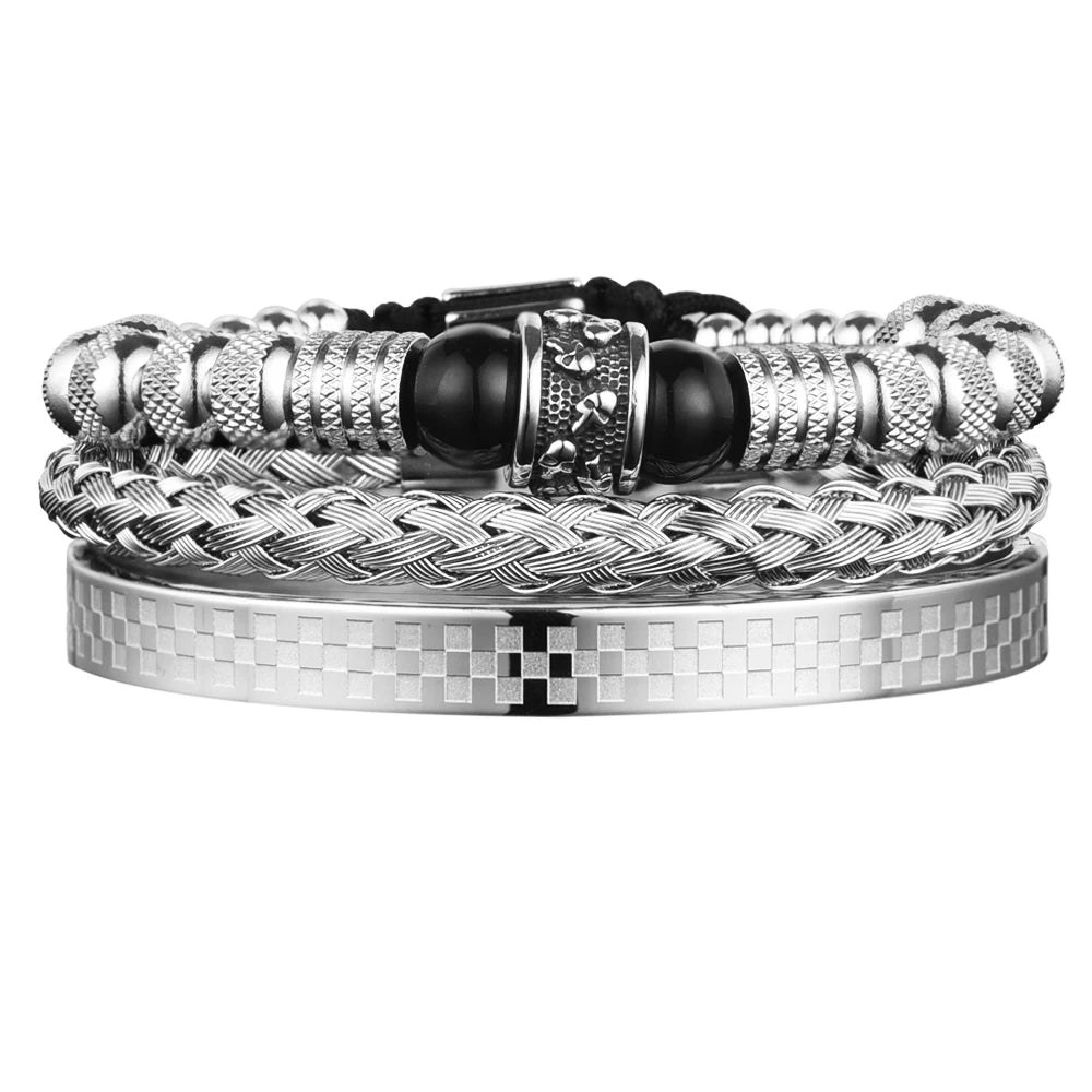 3pcs Set Men Bracelet Stainless Steel Handmade Rope Bangles Men Skull Bracelets with Tigereye Natural Stone Gift Accessories