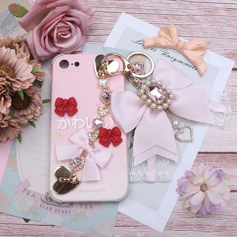 Japanese Sweet Cute Handmade Rhinestone Bow Hairpin Pearl Lace Hairclips Lolita Women Girls Side Clip Bag Pendant Handbag Charms