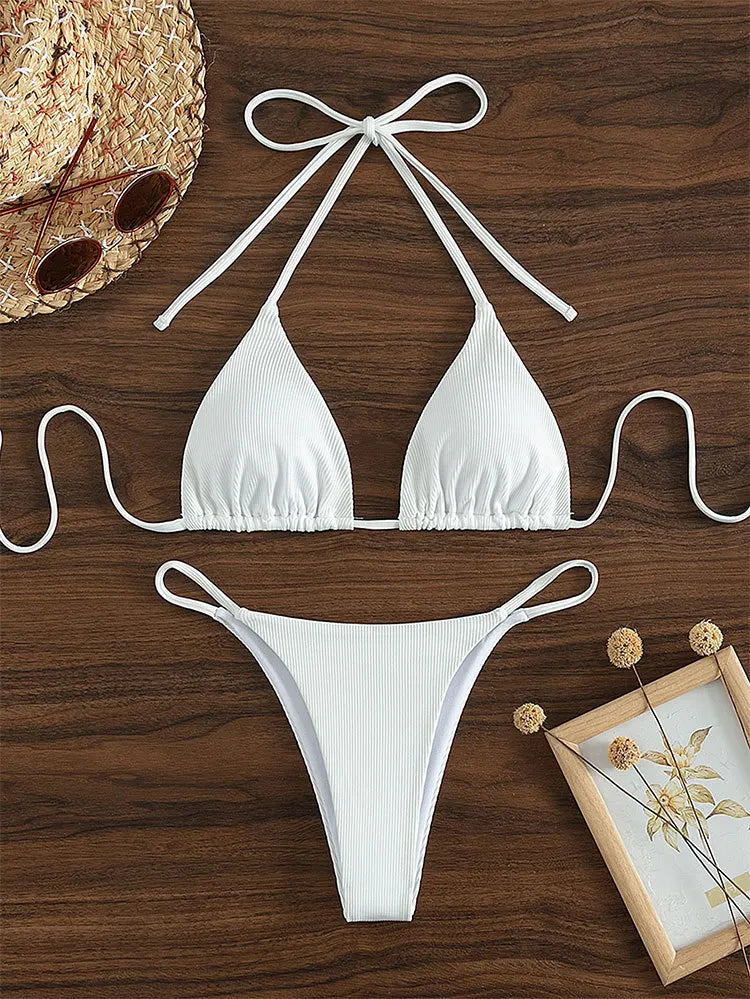 11 Colors Women Sexy Simple Solid Halter Bikini Swimsuit High Waisted Lace Up Beach Bathing Suit Special Pit Stripe Fabric 2024