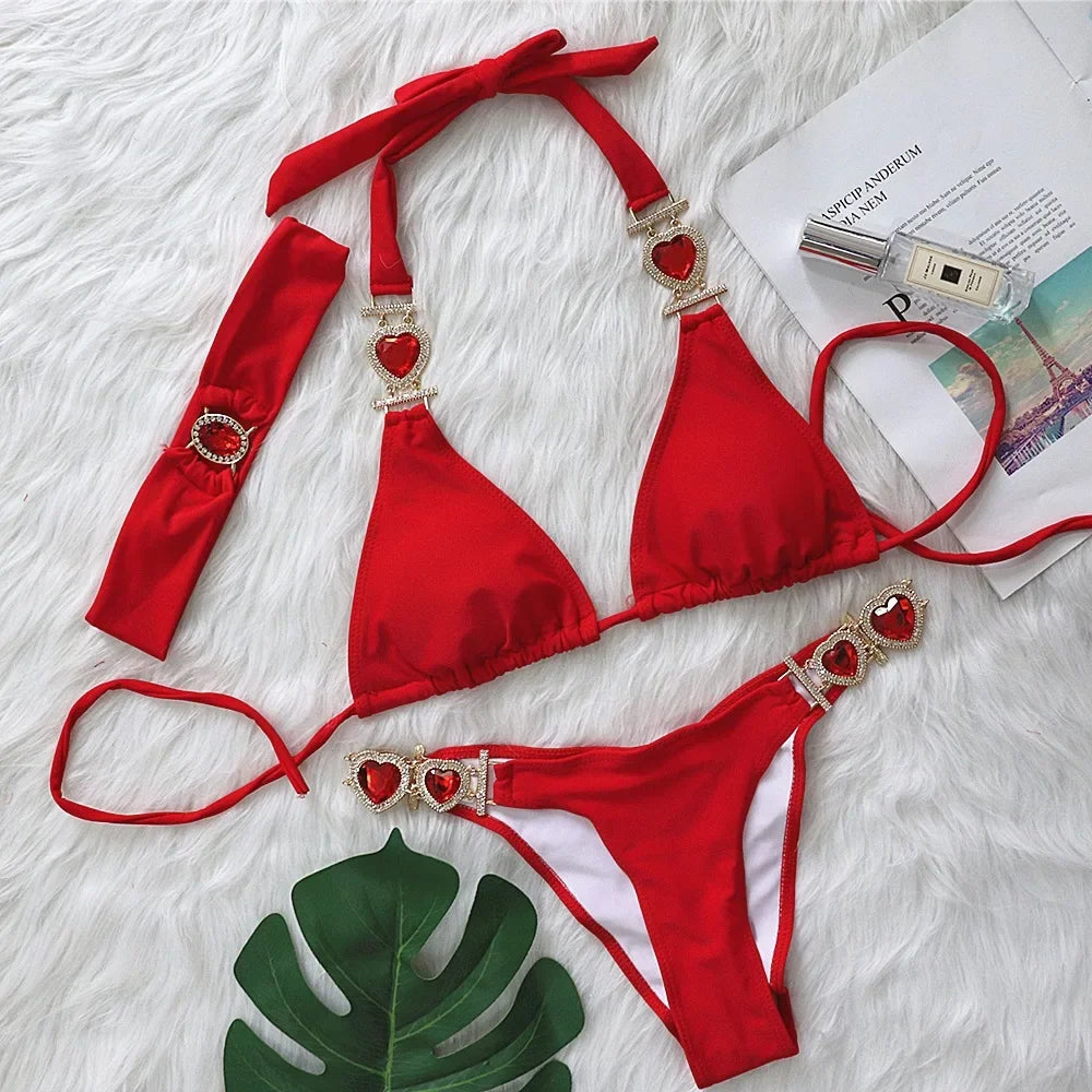 4 Colors New Sexy Bikini Women Luxury Heart-shaped Crystal Diamond Chain Solid Swimwear Swimsuit Female Bikinis Set Bathing Suit