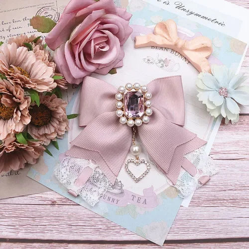 Japanese Sweet Cute Handmade Rhinestone Bow Hairpin Pearl Lace Hairclips Lolita Women Girls Side Clip Bag Pendant Handbag Charms