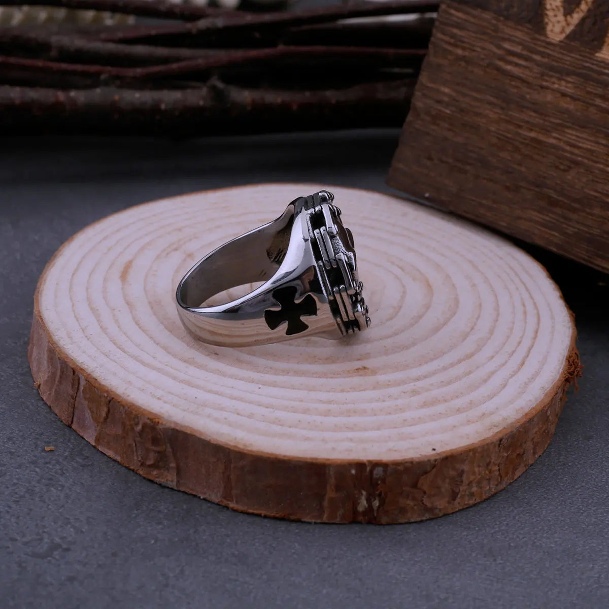 Men's Stainless Steel Chain Skull Ring Cross Motorcycle Chain Hip Hop Punk Gothic Ring Men Jewelry Gift Wooden Box Dropshipping