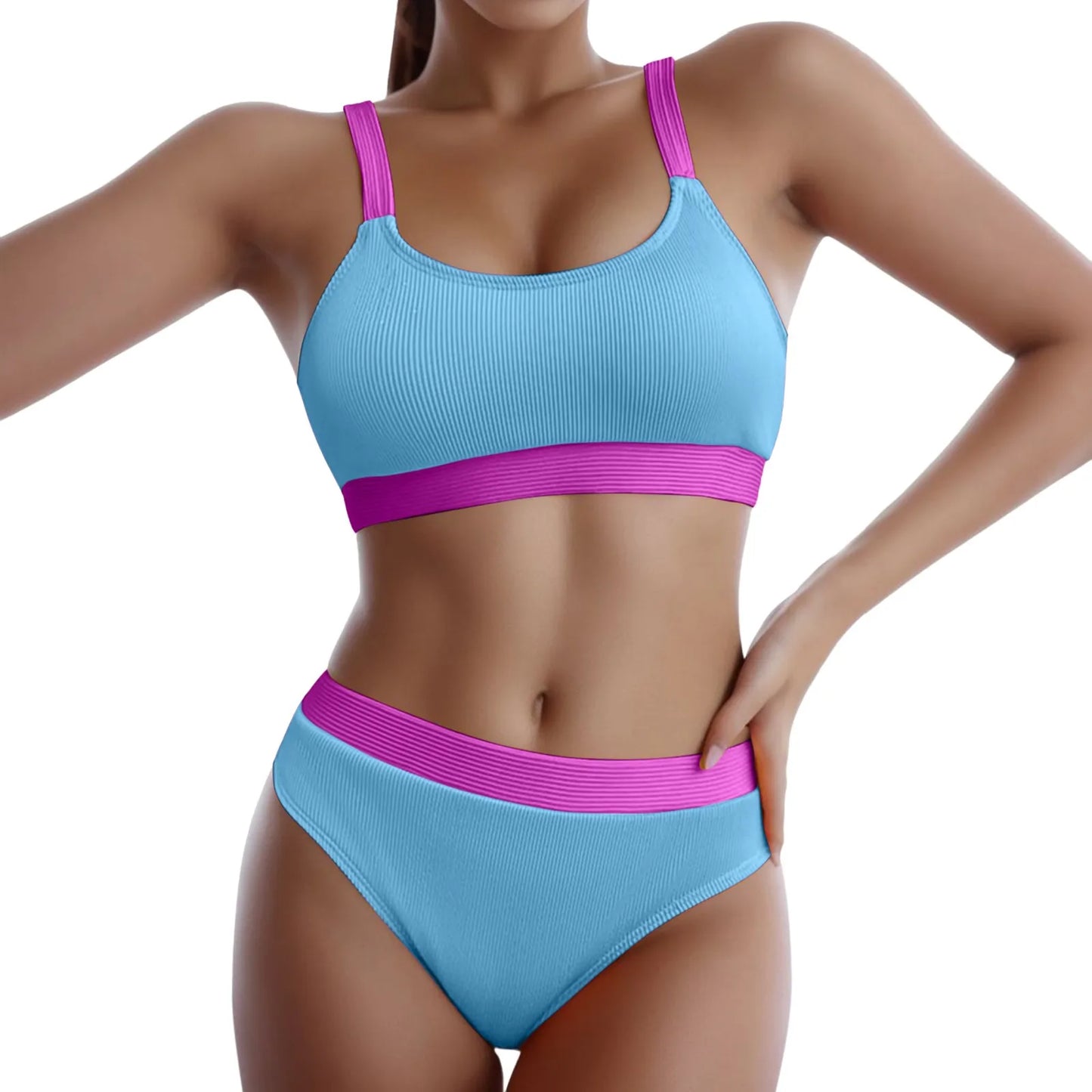 Women High Waist Bikini Female Crew Neck Push Up Bra Bikinis Print Swimsuit Female Beachwear Hip Lifting Shorts Swimwear