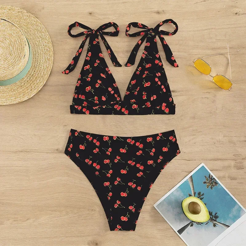 Sexy Cherry Print Swimsuits Women Push Up Bikinis Sets High Waist Swimwear Knotted Straps Bathing Suit Bathers Bikini 2024 Mujer