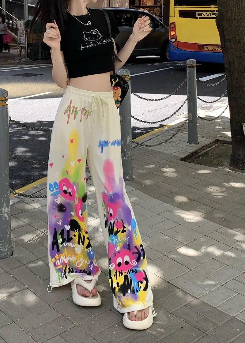 Kawaii Cute Dopamine Graffiti Casual Pants Women Tie Dye Summer Elastic High Waiste Drawstring Pockets Loose Wide Leg Trousers