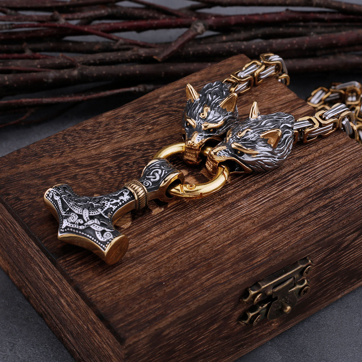 High Quality Viking Wolf Head Thor's Hammer Set Necklace Pendant Stainless Steel Biker Party Personality Men's Jewelry Gift