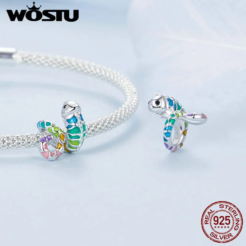 WOSTU Real 925 Sterling Silver Rainbow Color Chameleon Charms Animal Bead Fit Original Bracelet DIY Necklace Jewelry Making Gift