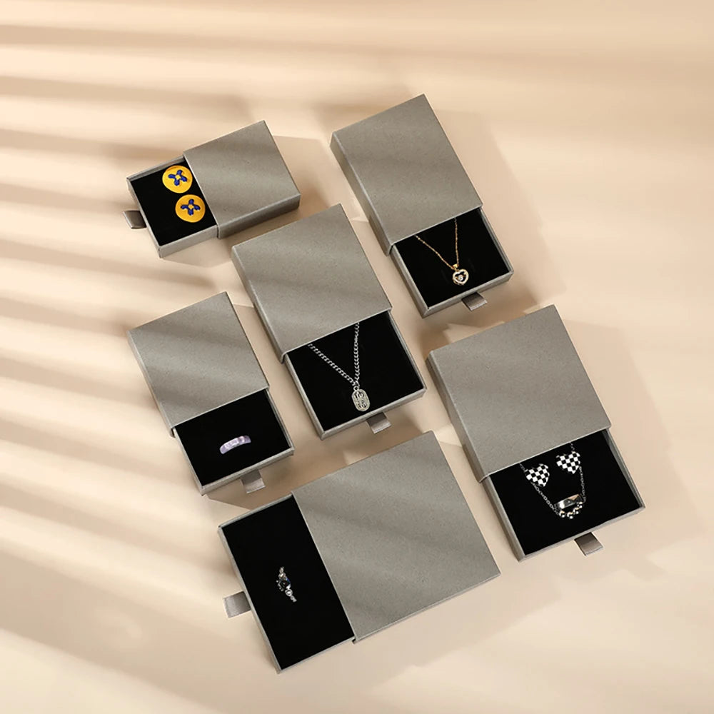10 Bulk Luxury Hard Rigid Cardboard Sliding Jewellery Gift Box Beige Paper Drawer Jewelry Ring Stud Earring Packaging Boxes Case