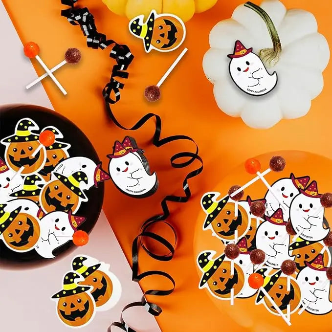 50/100PCS Halloween Paper Lollipop Cards Cute Pumpkin Ghost Candy Packaging Cards for Trick or Treat Halloween Decoration