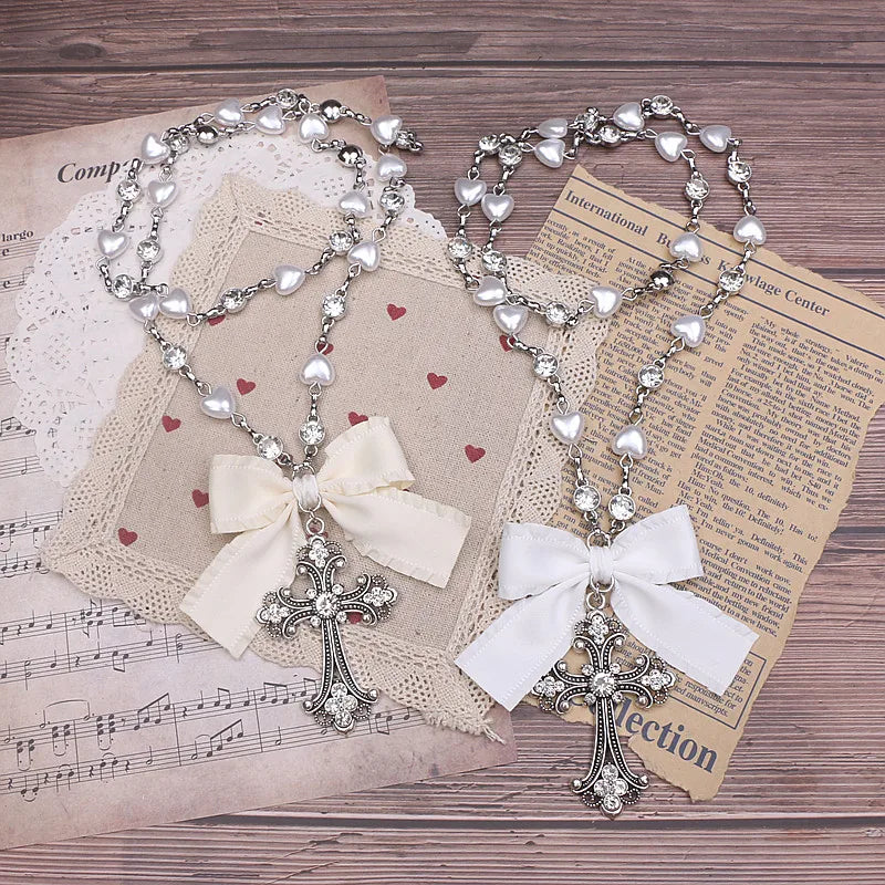 Lolita Style Accessories Beads Fashion Jewelry Handmade Necklace Rhinestone Cross Love Chain Long Necklace for Women