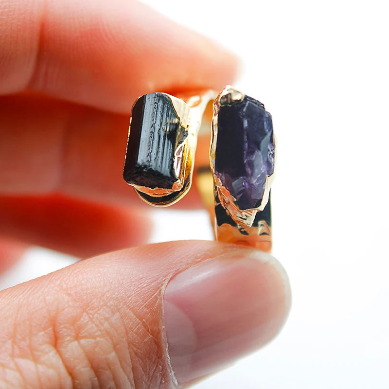 Amethyst with Black Tourmaline Open Ring for Women Girls Gold-color Irregular Rough Stone Finger Jewelry Resizable