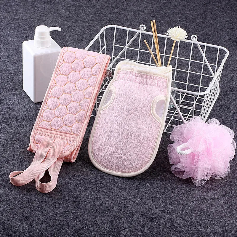 3-piece shower exfoliating set, shower ball, shower gloves, exfoliating shower towel, shower back cleaner