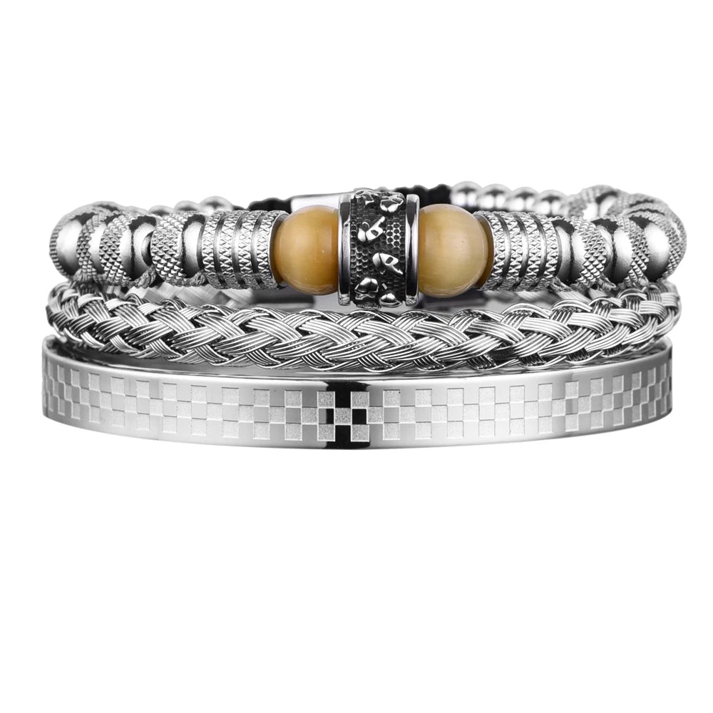 3pcs Set Men Bracelet Stainless Steel Handmade Rope Bangles Men Skull Bracelets with Tigereye Natural Stone Gift Accessories