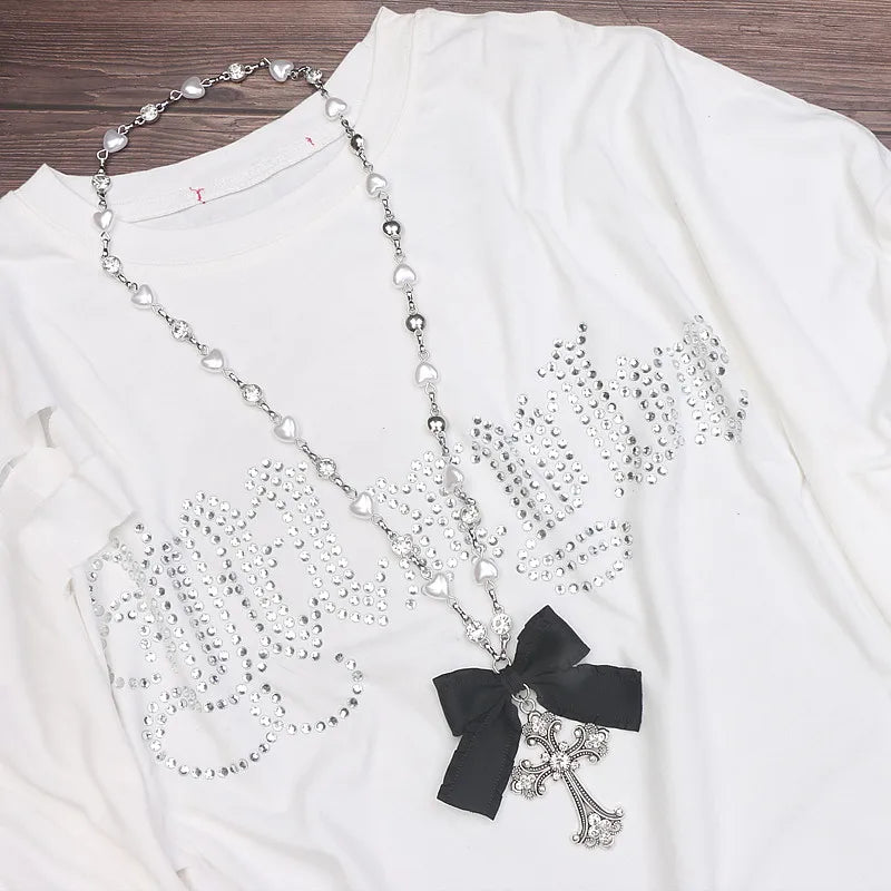 Lolita Style Accessories Beads Fashion Jewelry Handmade Necklace Rhinestone Cross Love Chain Long Necklace for Women