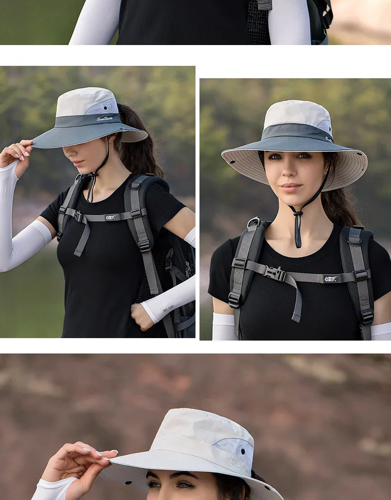 Women Summer Adjustable Bucket Hat with a Ponytail Hole Girls Sun Protection Hiking Cap Parent-child Outdoor Wide Brim Headgear