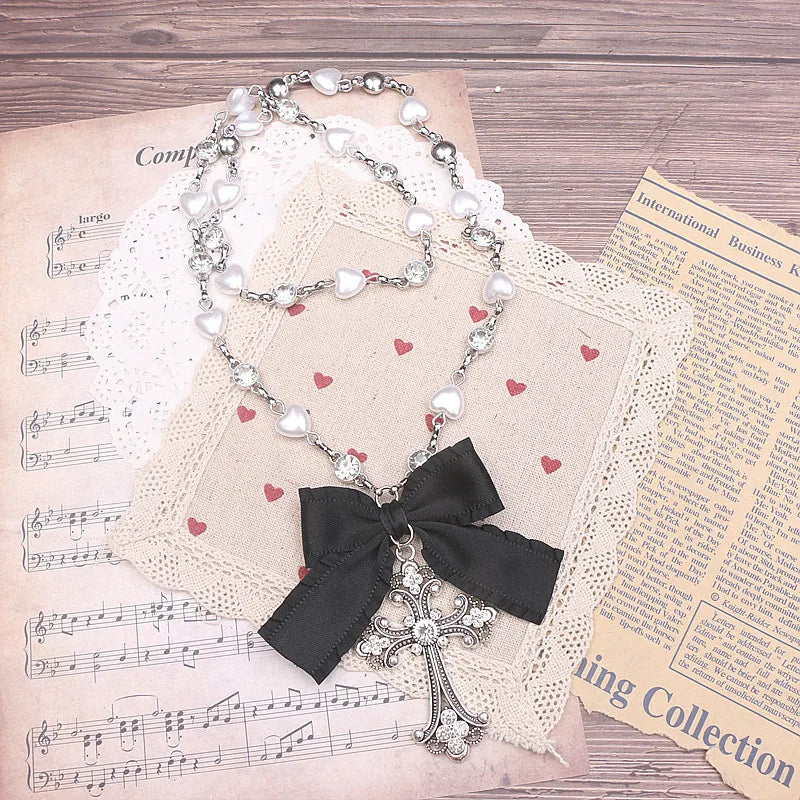 Lolita Style Accessories Beads Fashion Jewelry Handmade Necklace Rhinestone Cross Love Chain Long Necklace for Women