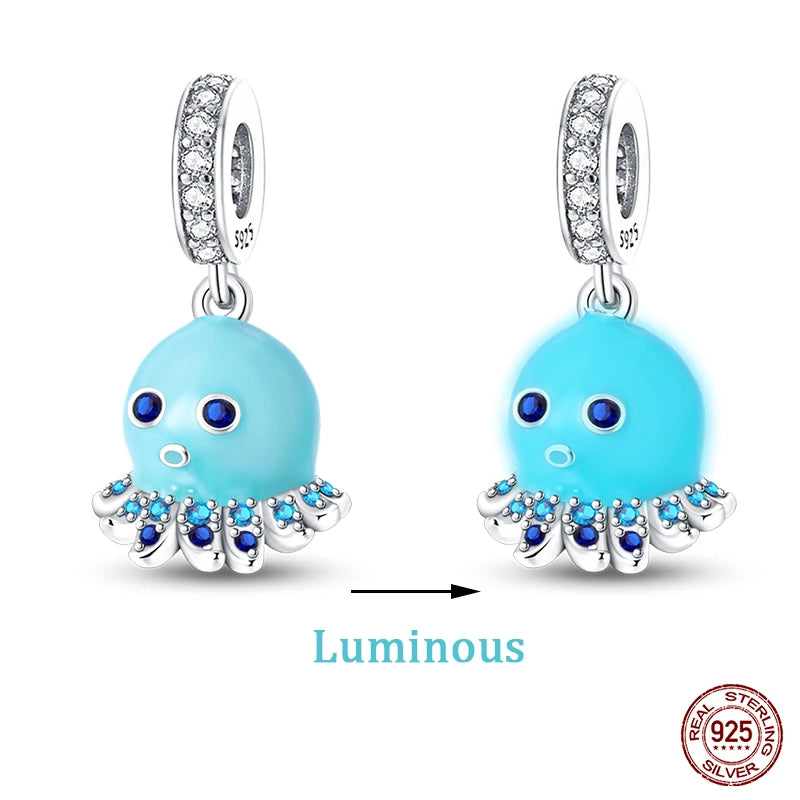New 100% 925 Sterling Silver Ocean Luminous Sea Turtle Dolphin Octopus Charms Beads Fit Qikaola Original Bracelets DIY Jewelry