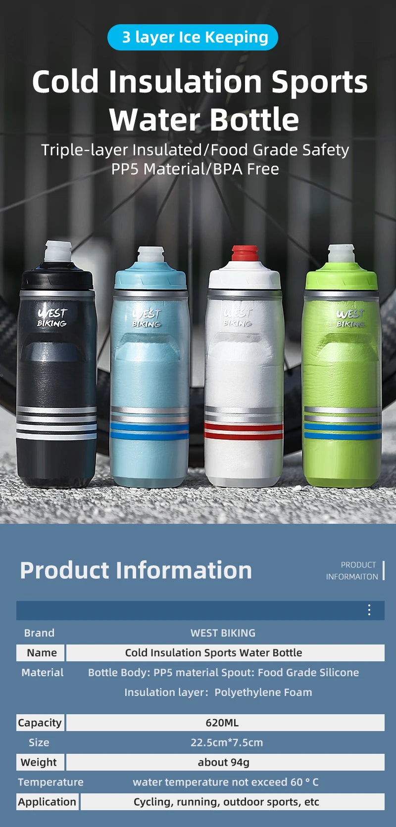 WEST BIKING 620ML Bicycle Bottle MTB Road Bike Water Bottle Outdoor Sports Plastic Drink Cycling Cold Insulation Water Bottle