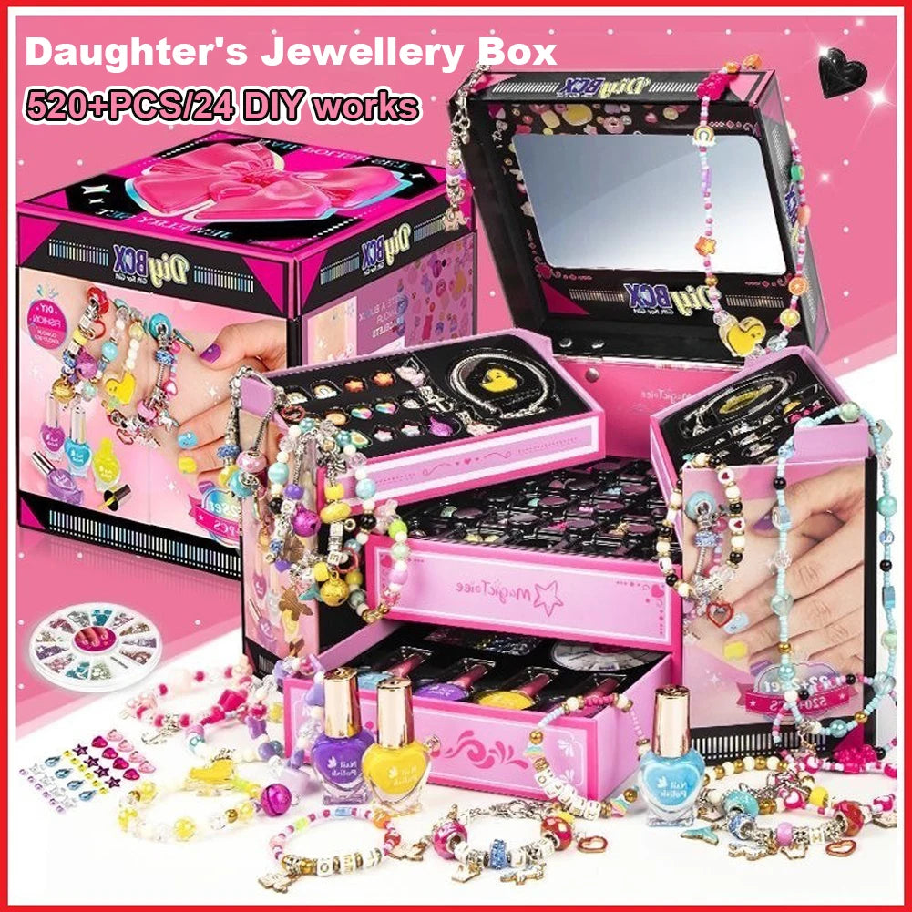 Charm Bracelet Making Kit with Jewelry Box & Nail Polish Jewelry Making Kit Birthday Christmas Gifts for Girls Ages 6-12